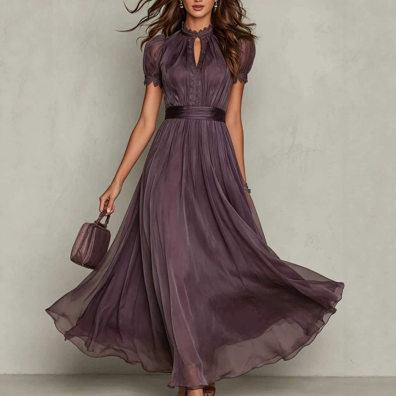 2026 New European and American Style Purple Long Dress with Elegant High Collar, Lace Splicing, and Flowing Chiffon Dress