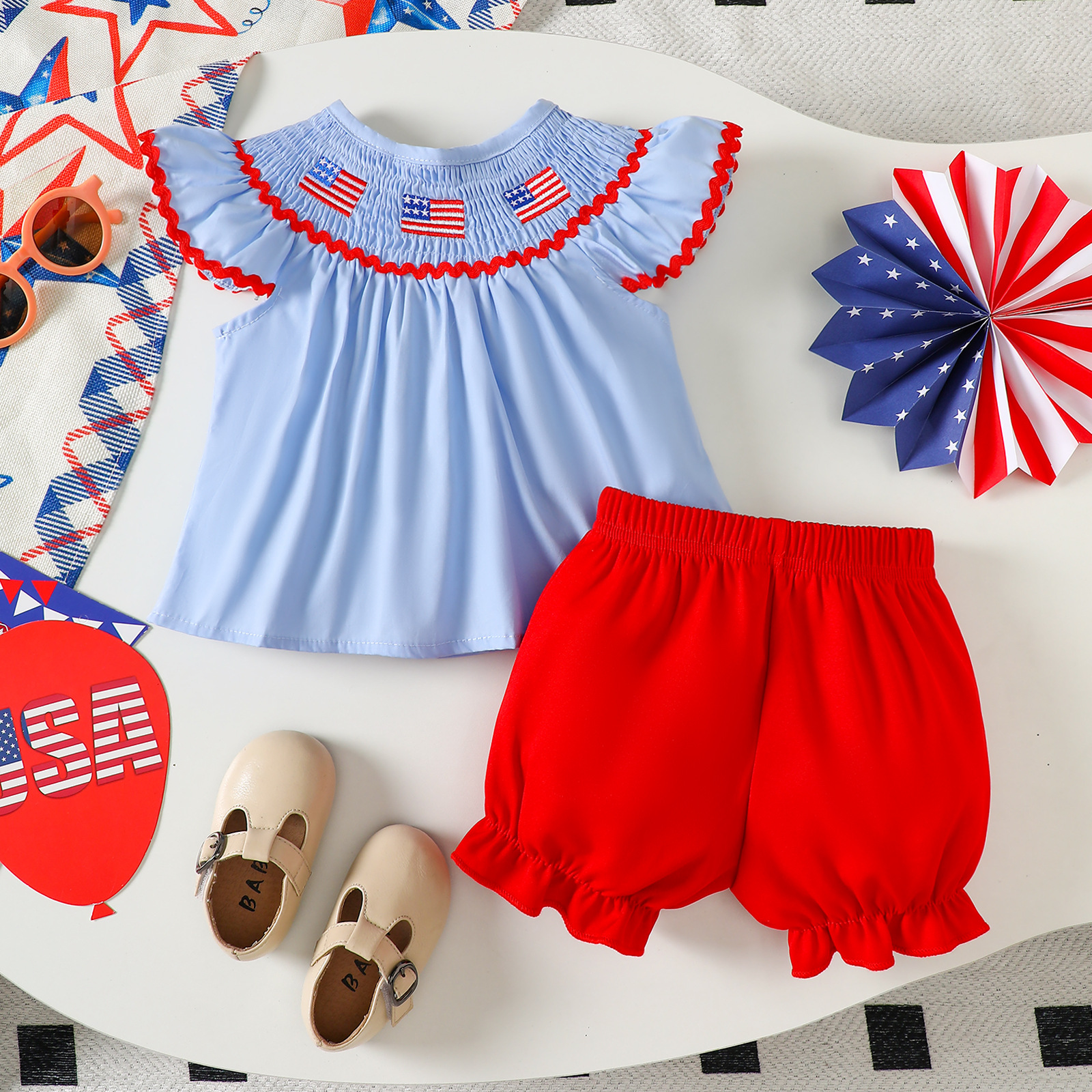 American Independence Day Children's Clothing 2025 Summer New Baby Girl National Flag Embroidered Top Lace Shorts Two-Piece Set
