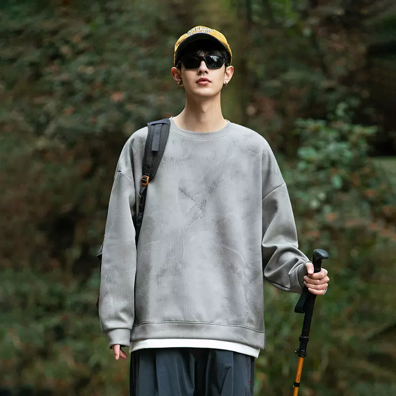 重磅男士卫衣春秋新款潮牌扎染做旧男上衣青少年宽松假两件外套男