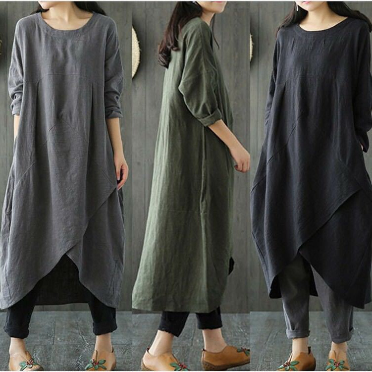 Plus-Size Women's Clothing 2026 New Spring/Summer Ethnic Style Off-Shoulder Sleeve Cotton-Linen Loose Slimming Dress Forest Style Solid Color Dress