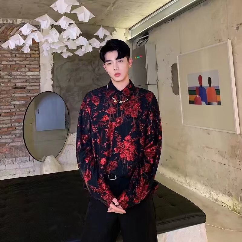 2026 Retro Style Rose Print Shirt for Men, Loose and Trendy Internet Celebrity Style Shiny Shirt Fashion Top