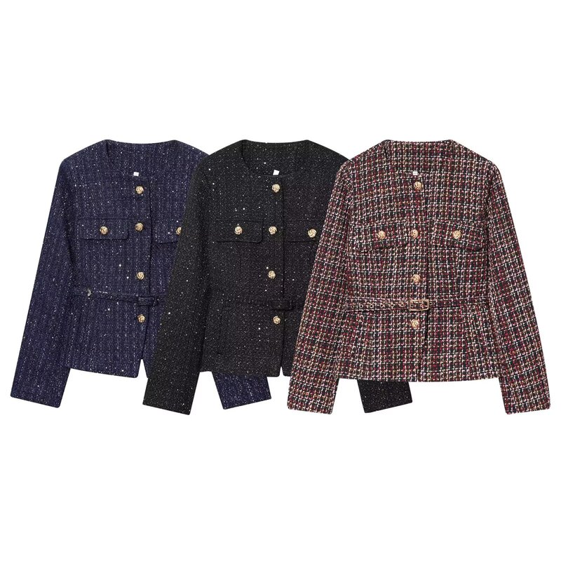 Foreign Trade 2025 Summer New European and American Style Women's Fashion Casual Elegant Metal Buckle Woolen Round Neck Long-Sleeved Jacket Foreign Trade 2025 Summer New European and American Style Women's Fashion Casual Elegant Metal Buckle Woolen Round Neck Long-Sleeved Jacket