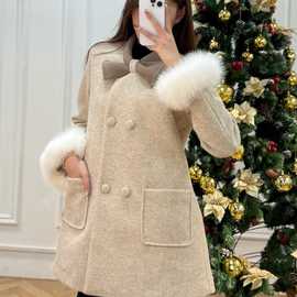 南油女装轻奢深圳!!宽松双排扣蝴蝶结狐狸毛毛呢外套羽绒内胆大衣