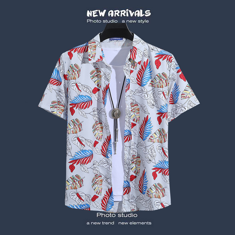 Hawaiian Flower Shirt Men's Thai Style Restaurant Short-sleeved Shirt Retro Fashionable Loose Beach Shirt for Holiday