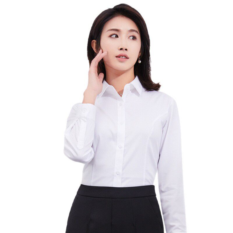 Áo sơ mi nữ công sở dài tay dáng ôm, vải cotton pha chải kỹ, cổ chữ V hoặc cổ vuông — Trắng - Cổ chữ V - Tay dài, Trắng - Cổ chữ V - Tay ngắn, Trắng - Cổ vuông - Dài tay, Trắng - Cổ vuông - Tay ngắn