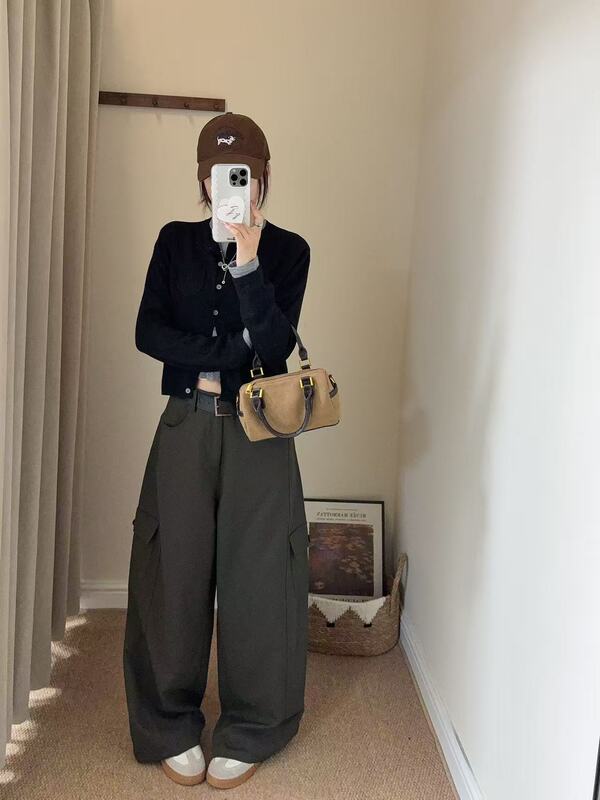 韩代定制水洗棉工装休闲裤女秋季新款宽松百搭显瘦大口袋阔腿长裤|undefined