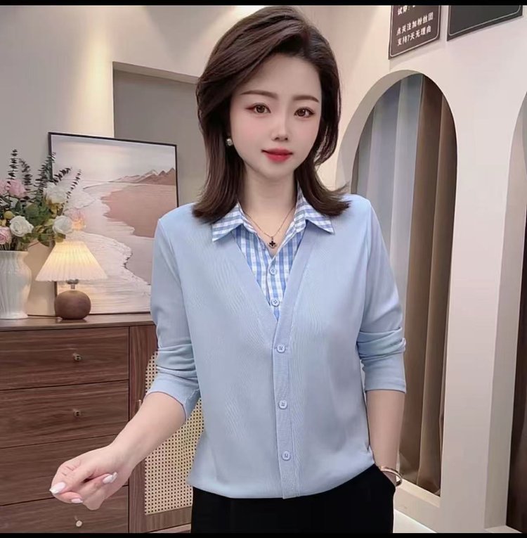 一件代发2025秋季新款时尚气质百搭减龄假两件拼接衬衫领长袖上衣|undefined