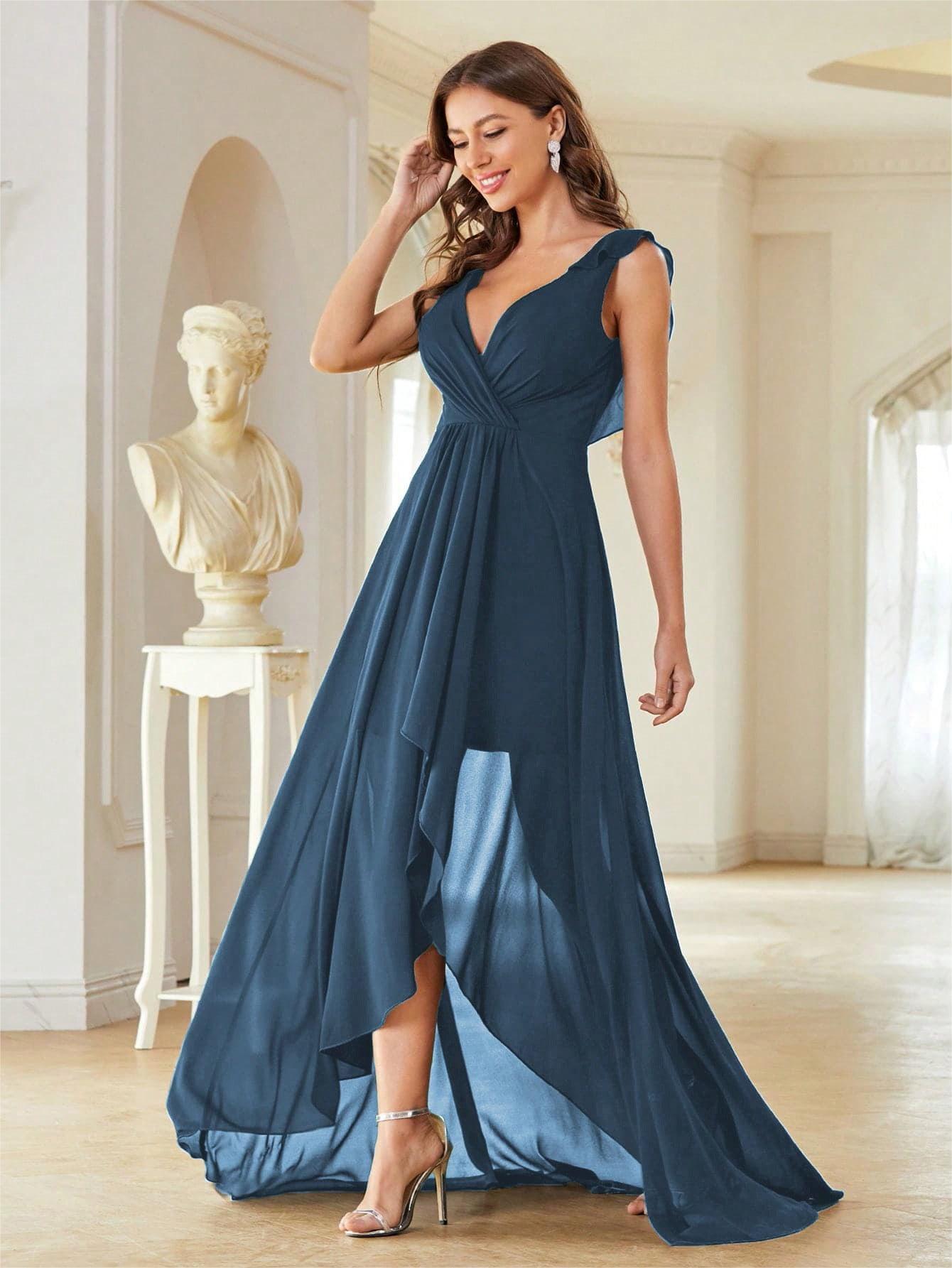 Vestido de noche de gasa con cuello en V eBay nuevo pecho plisado sin respaldo delantero corto trasero largo vestido de baile vestido de fiesta vestido de dama de honor