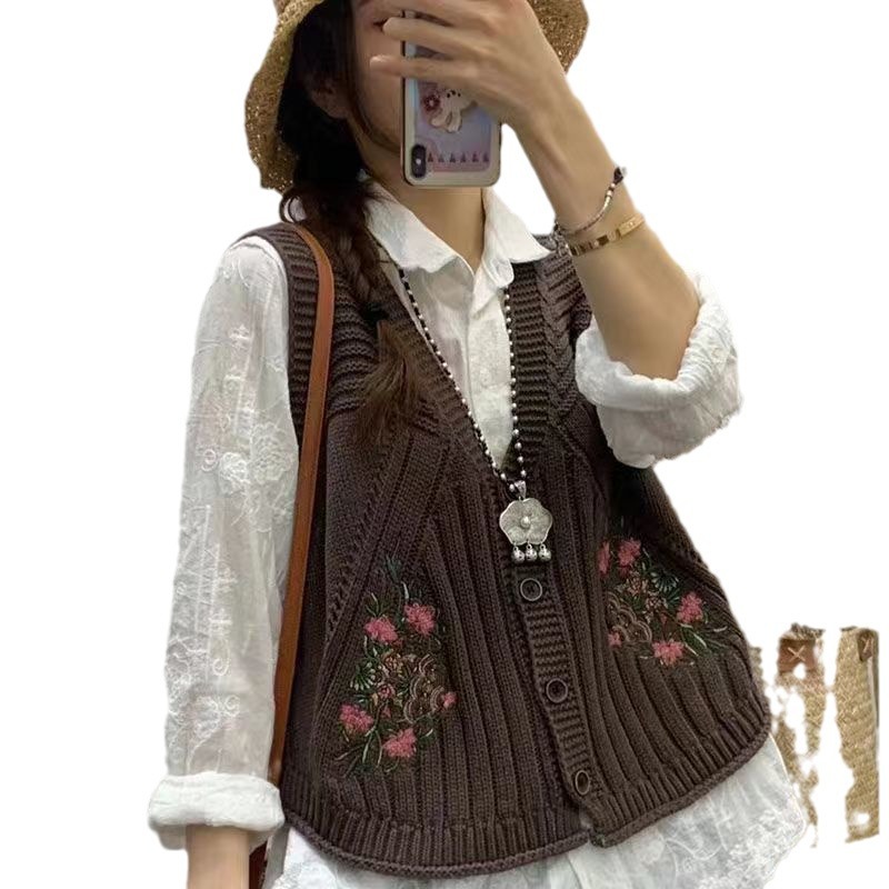 【 Cashmere Family 】 Cardigan in lana con scollo a V, gilet, maglione corto senza maniche ricamato lavorato a maglia, canotta, primavera_voghion.com