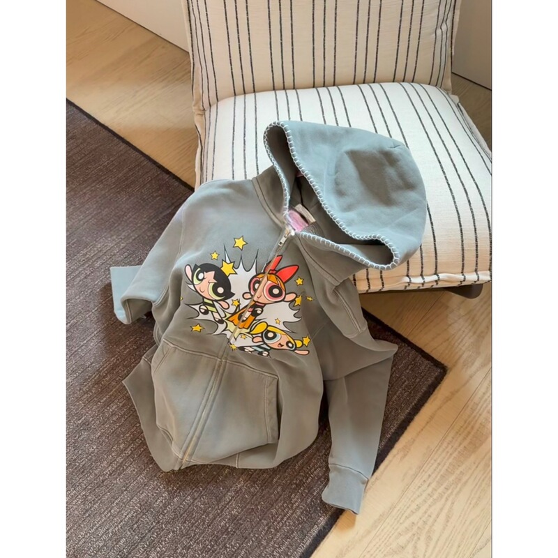 25ss Nanyou Haute Couture/Boutique Niche MH x Powerpuff Girls Collaboration Graffiti Print Zipper Sweatshirt for Women