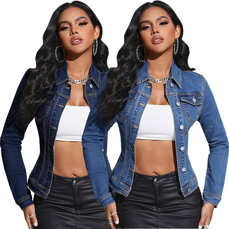 2026 Cross-Border European and American Amazon Fashion Women's Long-Sleeve Denim Jacket with Lapel and Pockets, Direct Sales from the Source Factory