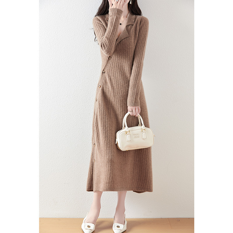 2025 Autumn/Winter New Pure Wool Dress V-Neck Asymmetrical Knit Cardigan Dress Korean Style Striped Elegant Long Dress for Women
