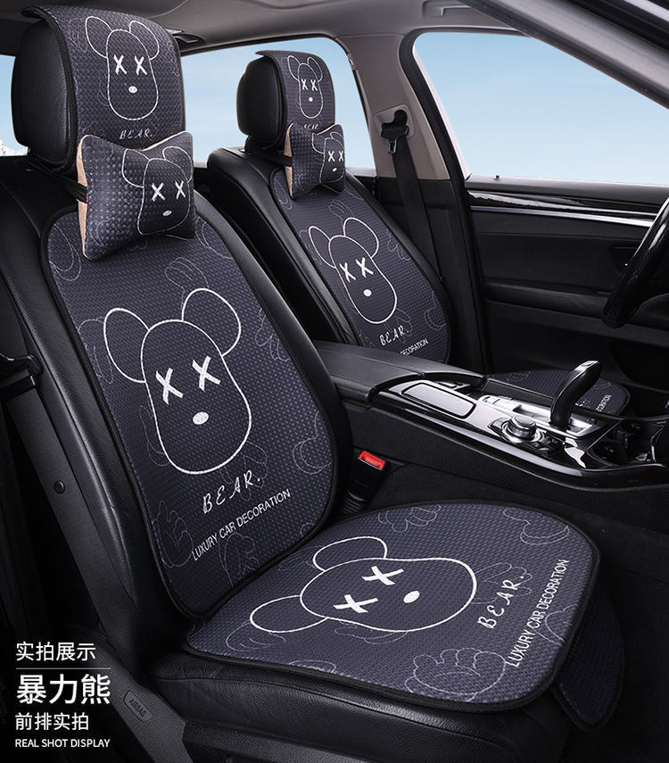 L5U new cartoon car seat cushion breathable four seasons universal linen cool cushion heat insulation whole car rear seat cushion three pieces