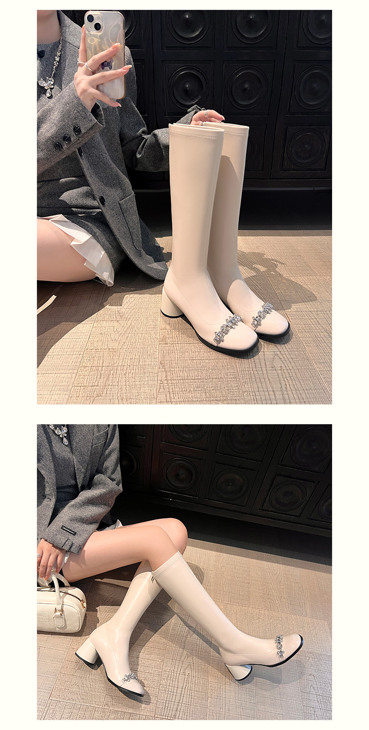 Boot nữ cổ cao ôm bắp chân phong cách vải tuýt, gót thô 5 cm, đế dày, mũi tròn — nhung đen, Lớp lót đơn màu trắng nhạt, Lớp lót đơn màu đen, Lớp lót nhung màu trắng nhạt chi tiết 15