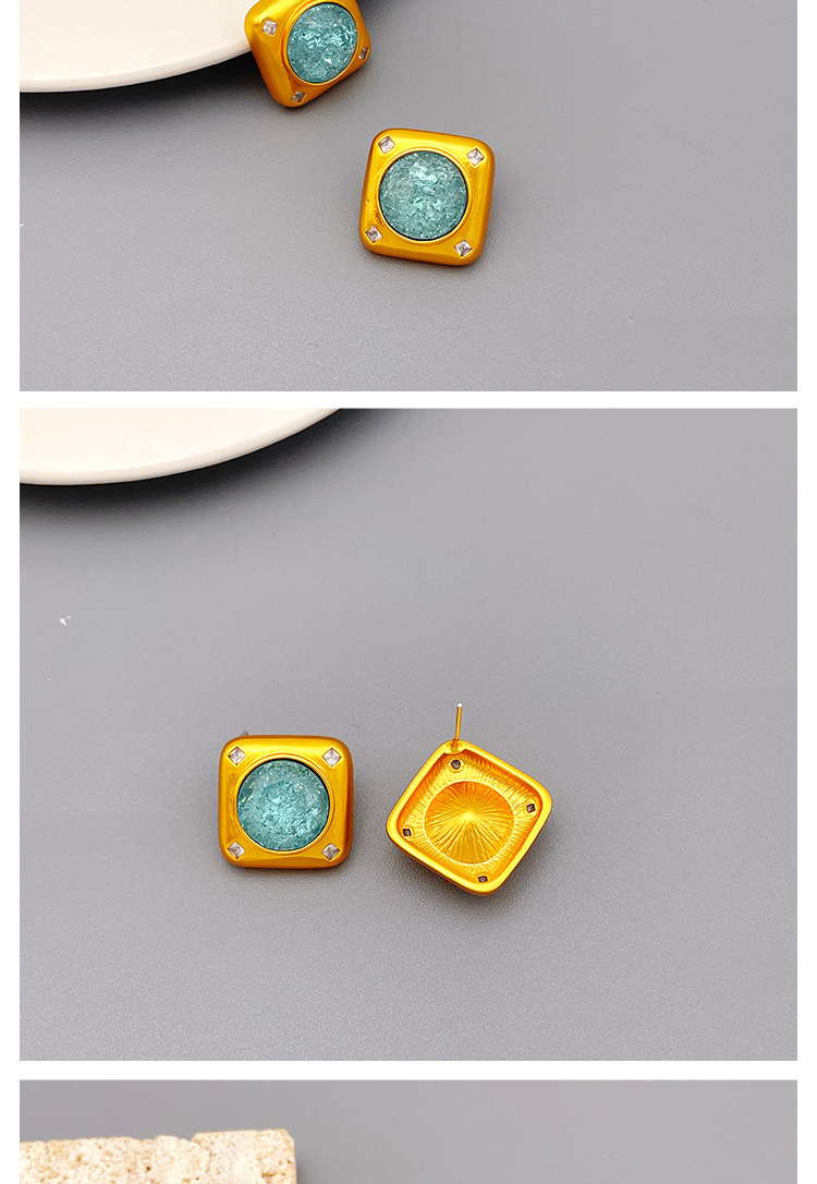 Retro Square Copper Gold Plated Rhinestones Ear Studs 1 Pair