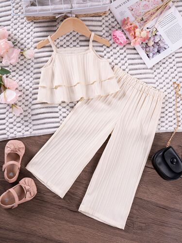 2025 girls 'summer solid color sling set with ruffled ins style straight pants casual wavy fabric for children