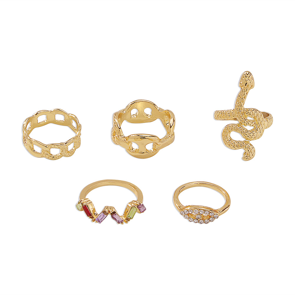 R0699 Cross-border Exaggerated Personalized Hollow Ring Female Snake-shaped Diamond-embedded Graceful And Fashionable Trendy Cool Knuckle Ring 5-piece Set display picture 10