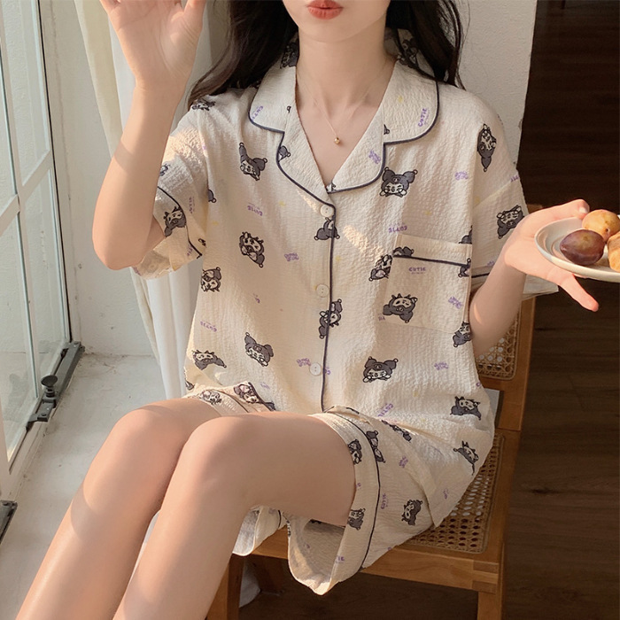睡衣女夏季梭织泡泡棉皱布ins公主风可爱短袖夏天薄款家居服套装|undefined