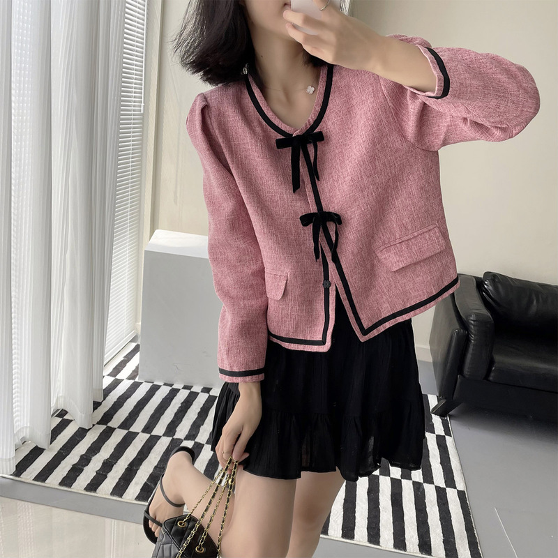Lizhiqi Raspberry Pink Puff Sleeve Top Women's Spring New Bow Slimming Chanel-Style Jacket 220580 Short Style Lizhiqi Raspberry Pink Puff Sleeve Top Women's Spring New Bow Slimming Chanel-Style Jacket 220580 Short Style