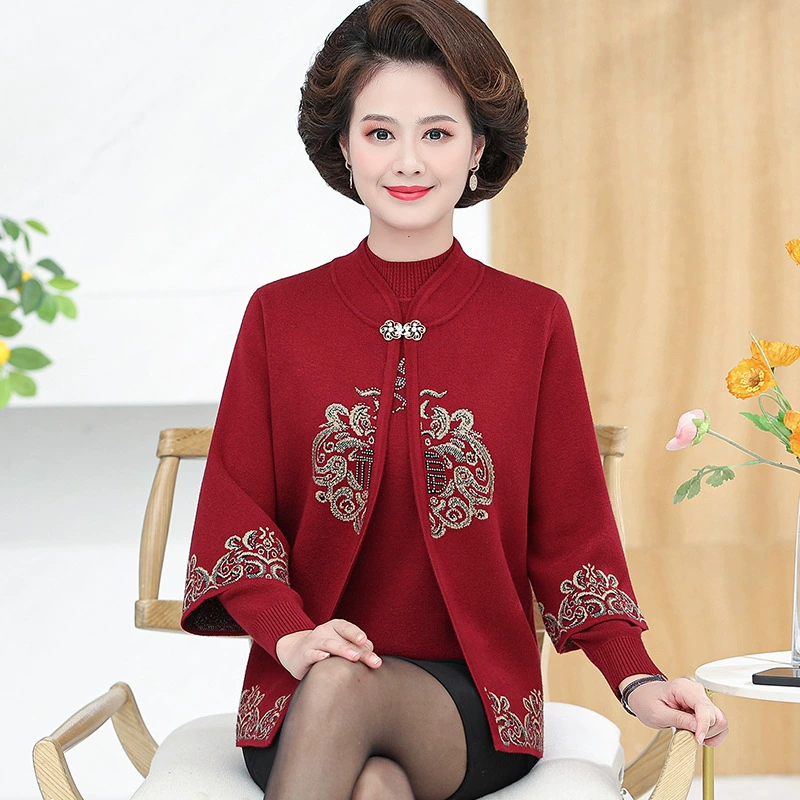 Весеннее трикотажное пальто для мамы с длинными рукавами Стильный костюм Свадебное платье для тещи для среднего и пожилого возраста Пиджак из двух предметов