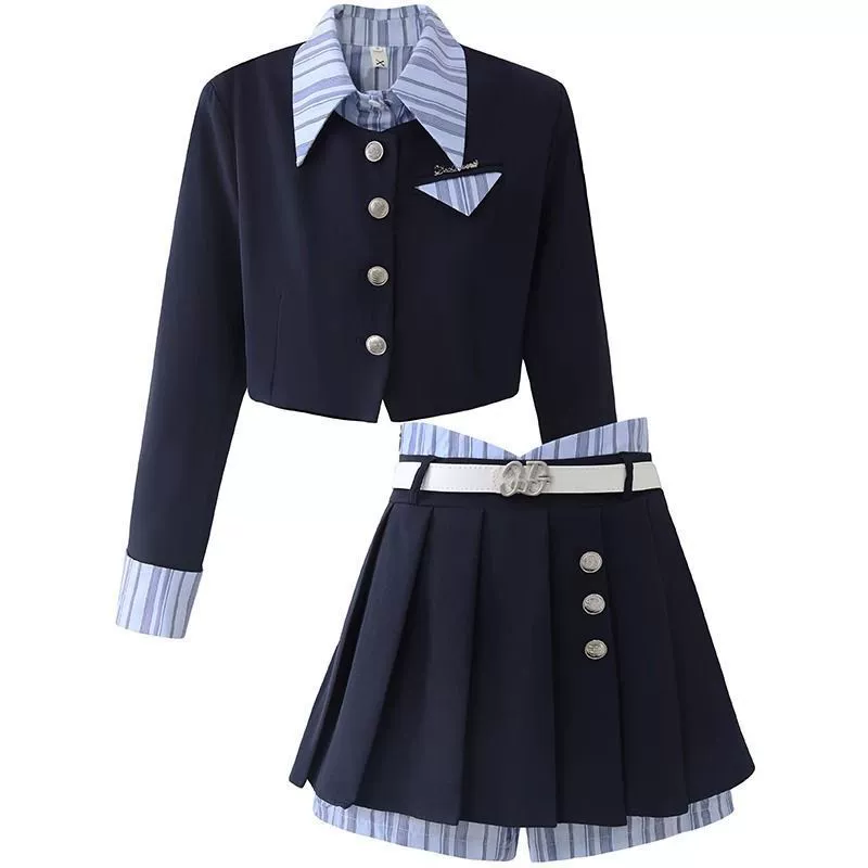 Осенний американский стиль колледжа поддельный набор из двух топов 2024 новая женская одежда с плиссированной юбкой из двух частей