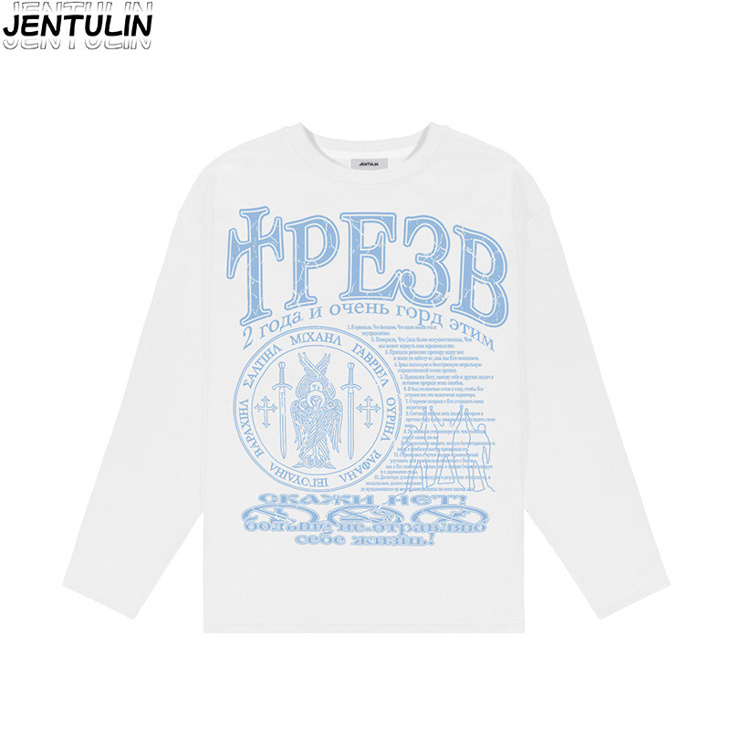 国境を越えた欧米のゆるいカジュアルな長袖tシャツピンクの甘い妹の宗教プリントのファッションブランドの丸首の純綿の頭の上着|undefined