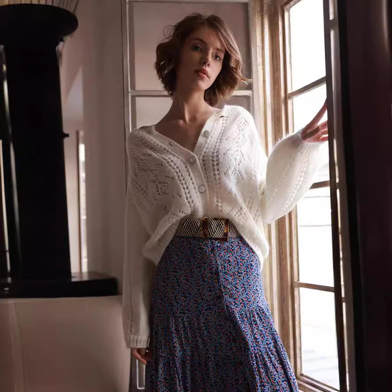 2024 spring and summer French style SE round neck hollow crochet mohair blended soft glutinous knitted cardigan