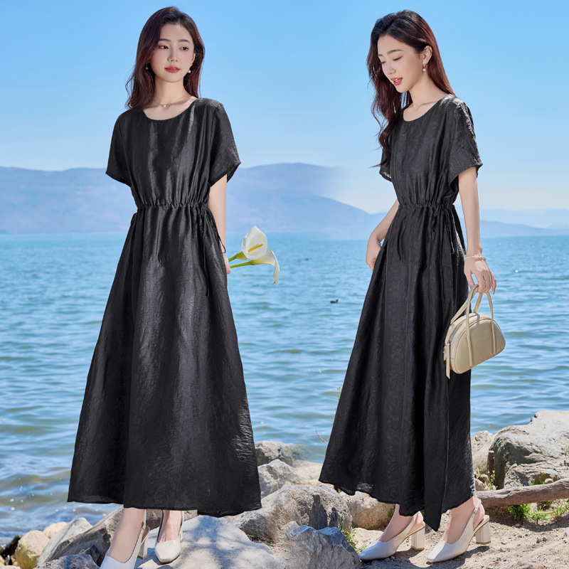 Đầm maxi nữ cổ tròn tay ngắn eo thon dáng dài — Màu đen, Màu nâu đỏ, Màu xám