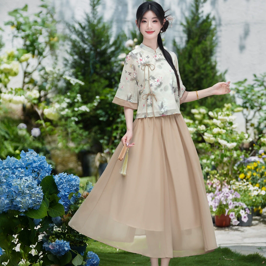 2025 новый летний стиль с перекрестным воротником династии Хань, комплект из двух предметов, новый китайский стиль, улучшенный литературный национальный стиль, костюм Тан, женский костюм
