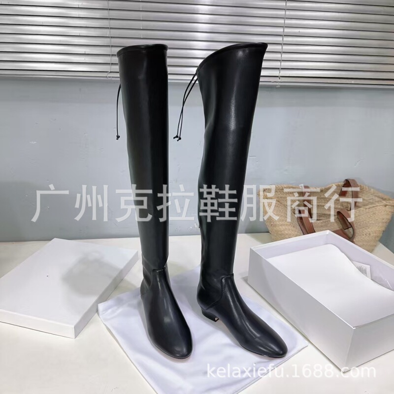 高定2025秋冬简易真皮圆头低跟后抽绳高筒弹力瘦瘦靴过膝长靴女|undefined