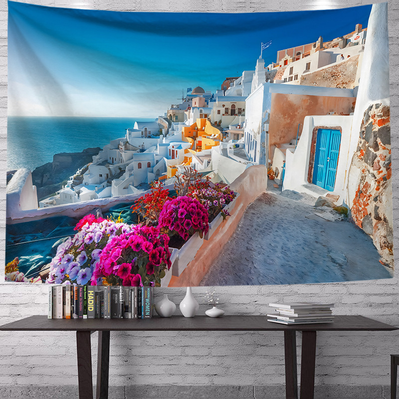 Transfronterizo griego fresco paisaje impresión decorativa de tela de renovación de la sala de tela de fondo vivo fábrica de tela al por mayor