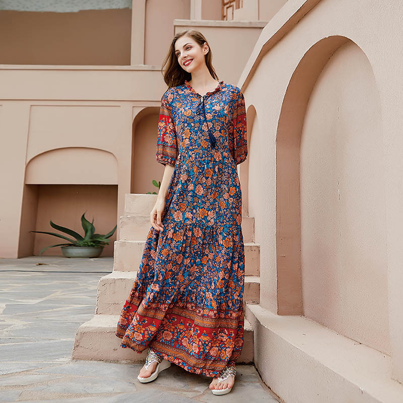 Grenzüberschreitendes, authentisches Plus-Size-Kleid aus dem Nahen Osten (Dubai), gefertigt aus Baumwolle und Seide mit Blumenmuster, locker geschnitten, kurzärmelig, für den Außenhandel_voghion.com