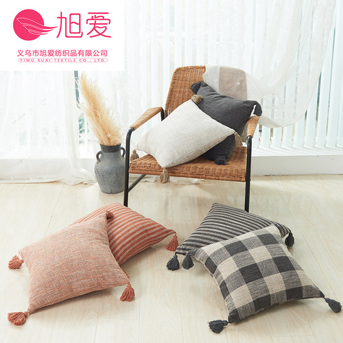 Xuai thickened new yarn-dyed cotton and linen texture striped plaid solid color tassel pillowcase wholesale in two sizes