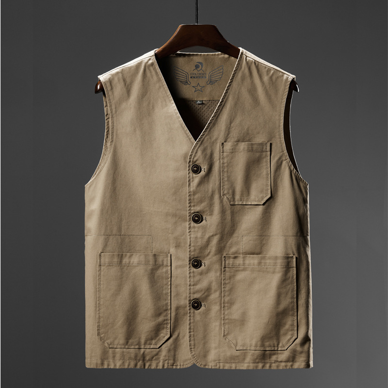 Men's plus size cotton V-neck vest middle-aged and elderly leisure fishing waistcoat Spring and Autumn work uniform foreign trade dad wear