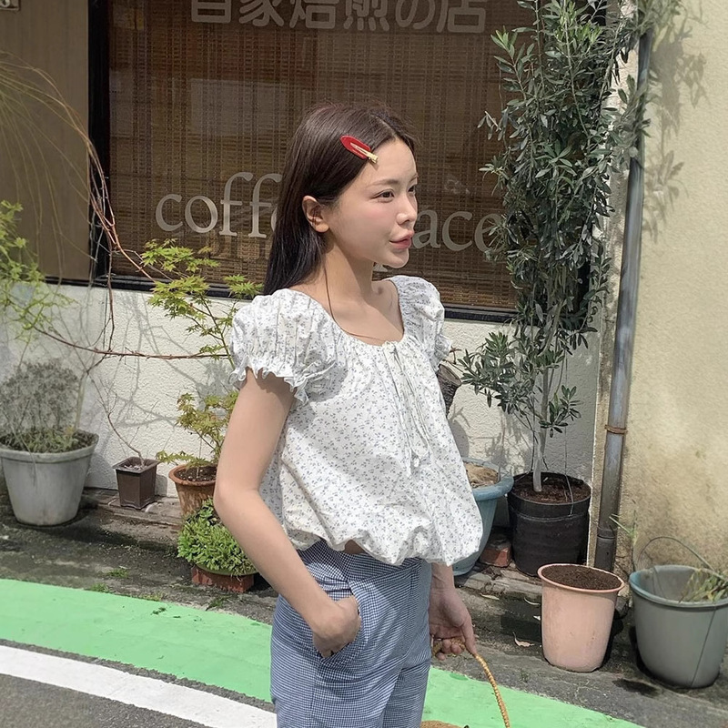 Now H Pink Puff Sleeve Bow Shirt 2025 Summer Women's Loose Pullover Bud-Shaped Hem Short-Sleeved Top