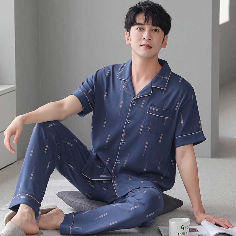 다양한 2023 새로운 남성 잠옷 면화 여름 짧은 소매 바지 면 봄과 가을 얇은 겉옷 홈 의류
