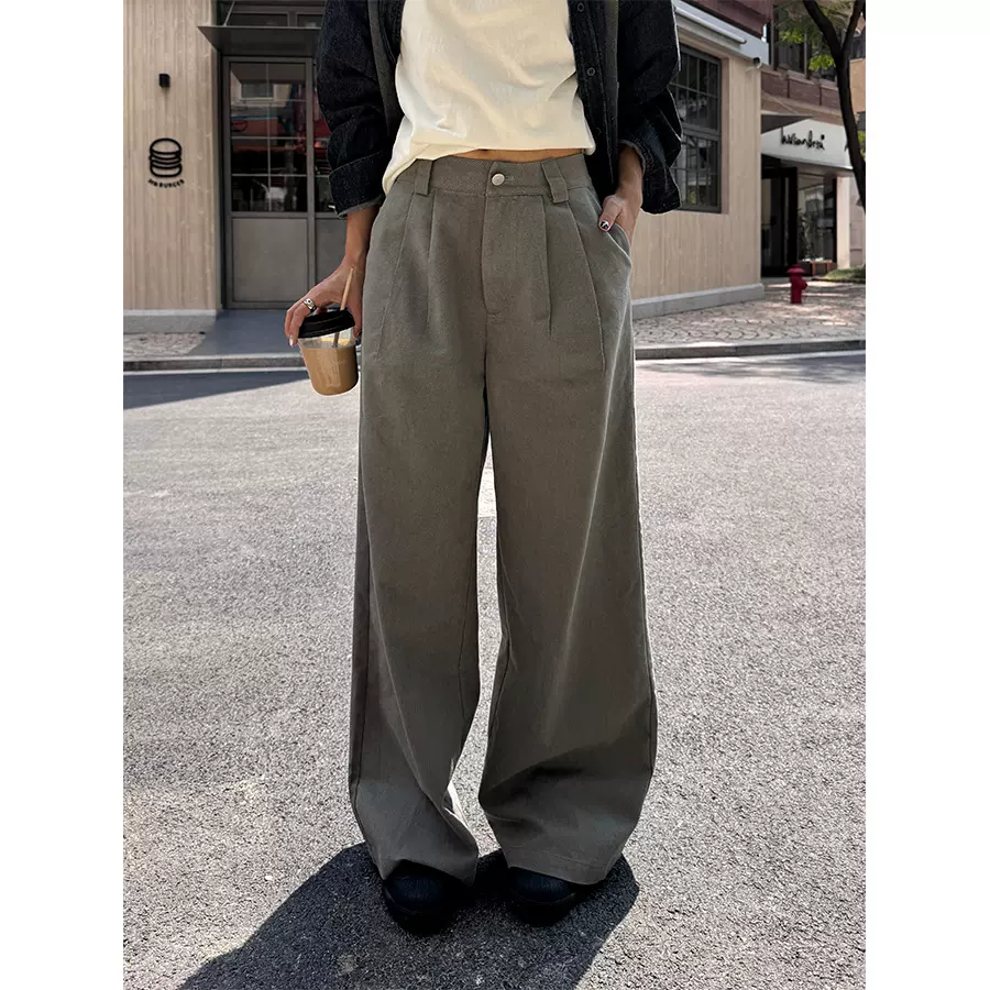 广州黄峥复古宽松休闲镰刀裤女韩系慵懒高腰小众设计感长裤530787