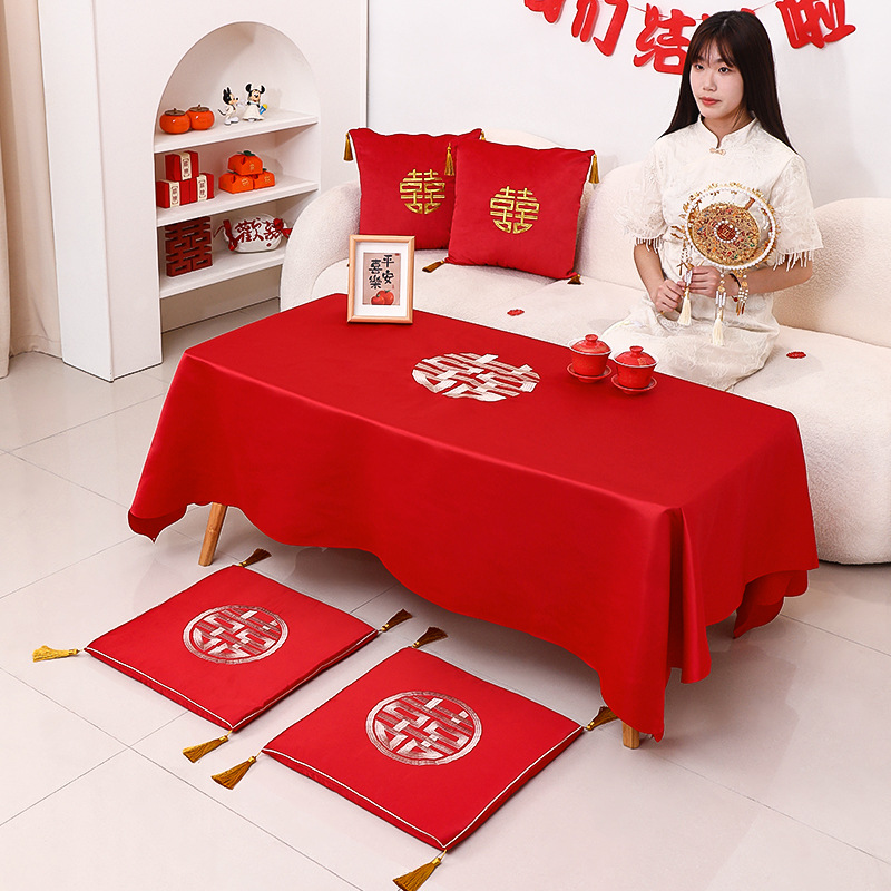 Wedding Room Decoration Set, Red Tablecloth, Wedding Tea Table Fabric, Kneeling Cushion, Throw Pillow, Wedding Decor Supplies, Complete Set
