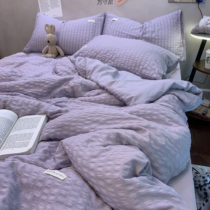 Korean Style Light Blue Bed Sheet Set Four Piece Bedding_voghion.com