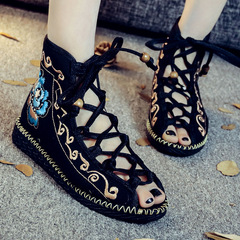 Summer boots flat shoes sewing beaded fabric boots ethnic style embroidered fabric summer women's sandals