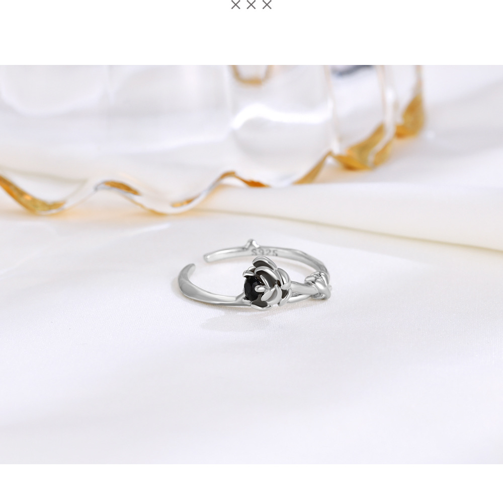 s925 Silver Black Diamond Flower Open Ring Image 7