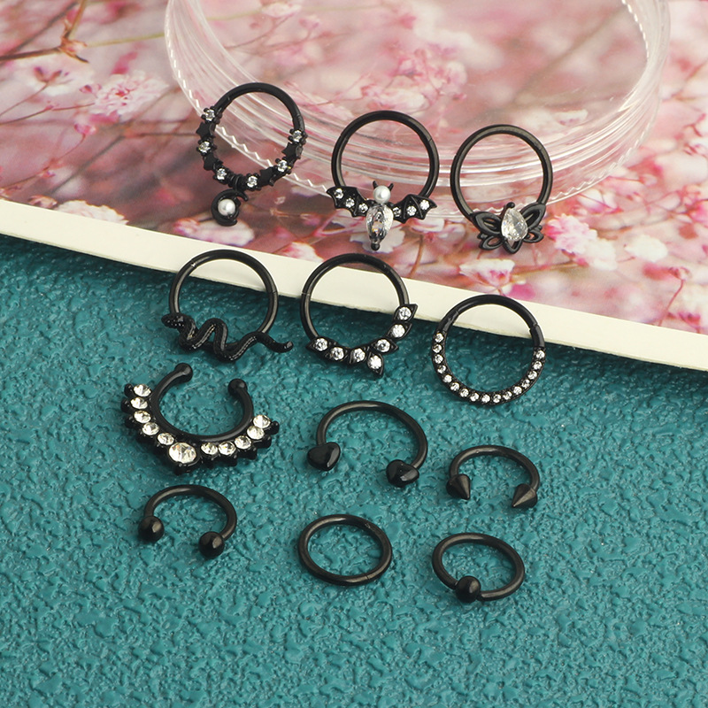 12Pcs Stainless Steel Open Nose Ring Set European American Bat Zircon Earrings Nose Stud Piercing Jewelry detail image 9