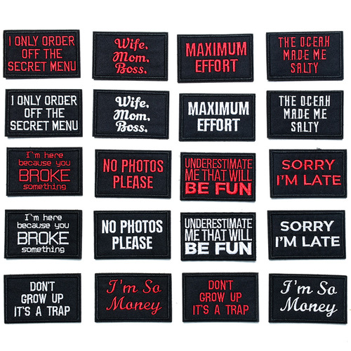 New manufacturer black and white English letters rectangular badge Velcro computer embroidery ironing patch cloth sticker