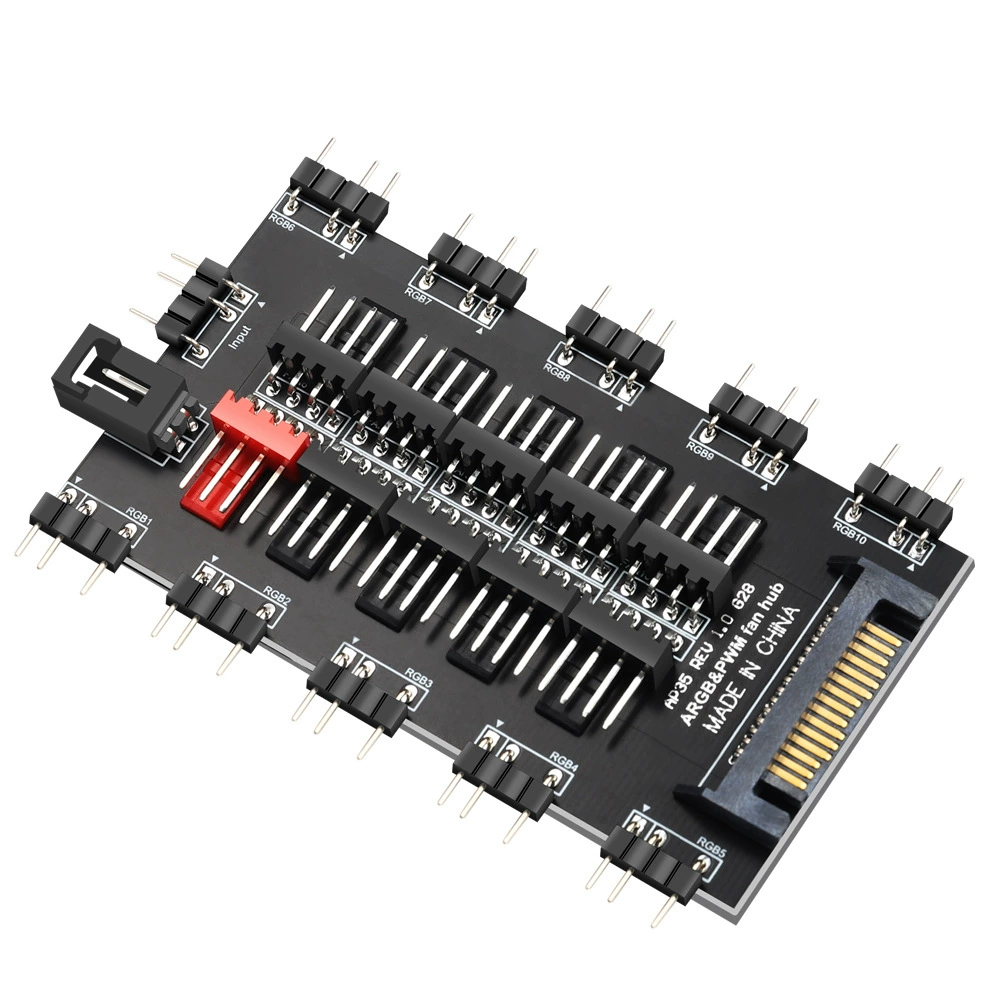 ARGB PWM вентилятор-хаб Шенгванг 1→10, 5В 3‑pin, контроль температуры, AURA синхронизация