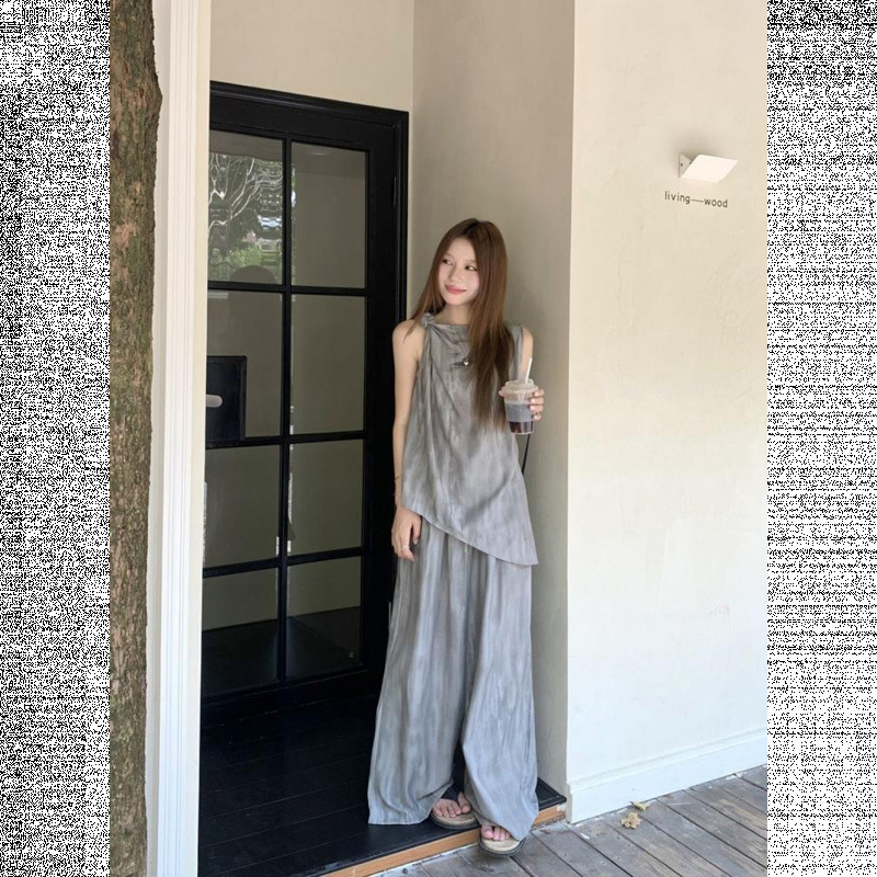 2025夏季新款复古宽松不规则无袖背心上衣阔腿休闲裤女时尚两件套|undefined
