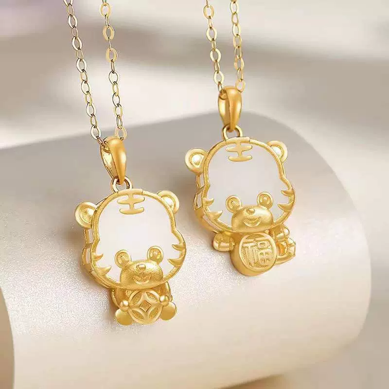 生肖虎本命年吊坠五福虎925古法银18K金镶玉和田玉老虎挂件项链女