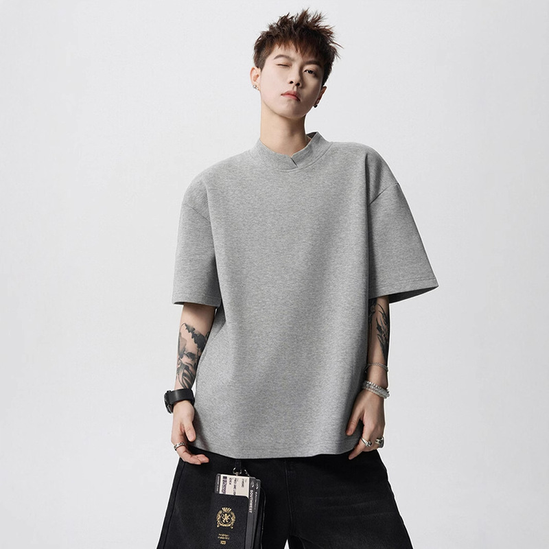 Solid Color Air Layer Half Turtleneck Short-Sleeved T-Shirt Men's Summer New American Loose Design Heavy Half-Sleeved T-Shirt