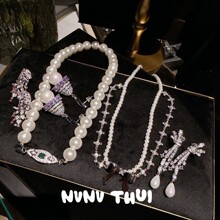 人鱼泪蝴蝶结宝石贝珠项链高定珠宝幻紫花园筒钻满镶珍珠耳环套装