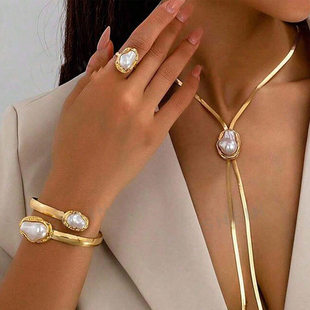 European and American hot cross-border ins baroque pearl alloy pendant Y-shaped necklace jewelry set accessories jewelry