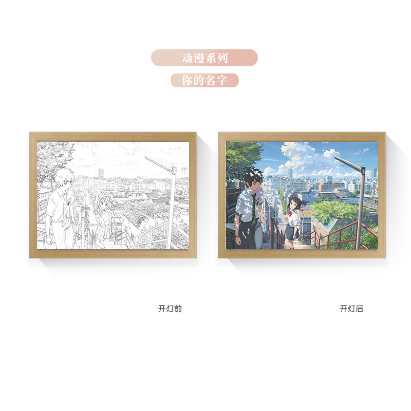 Tres colores TikTok popular pintura ligera de dibujos animados dormitorio noche pintura luminosa marco de fotos de madera maciza creativo bricolaje fabricante